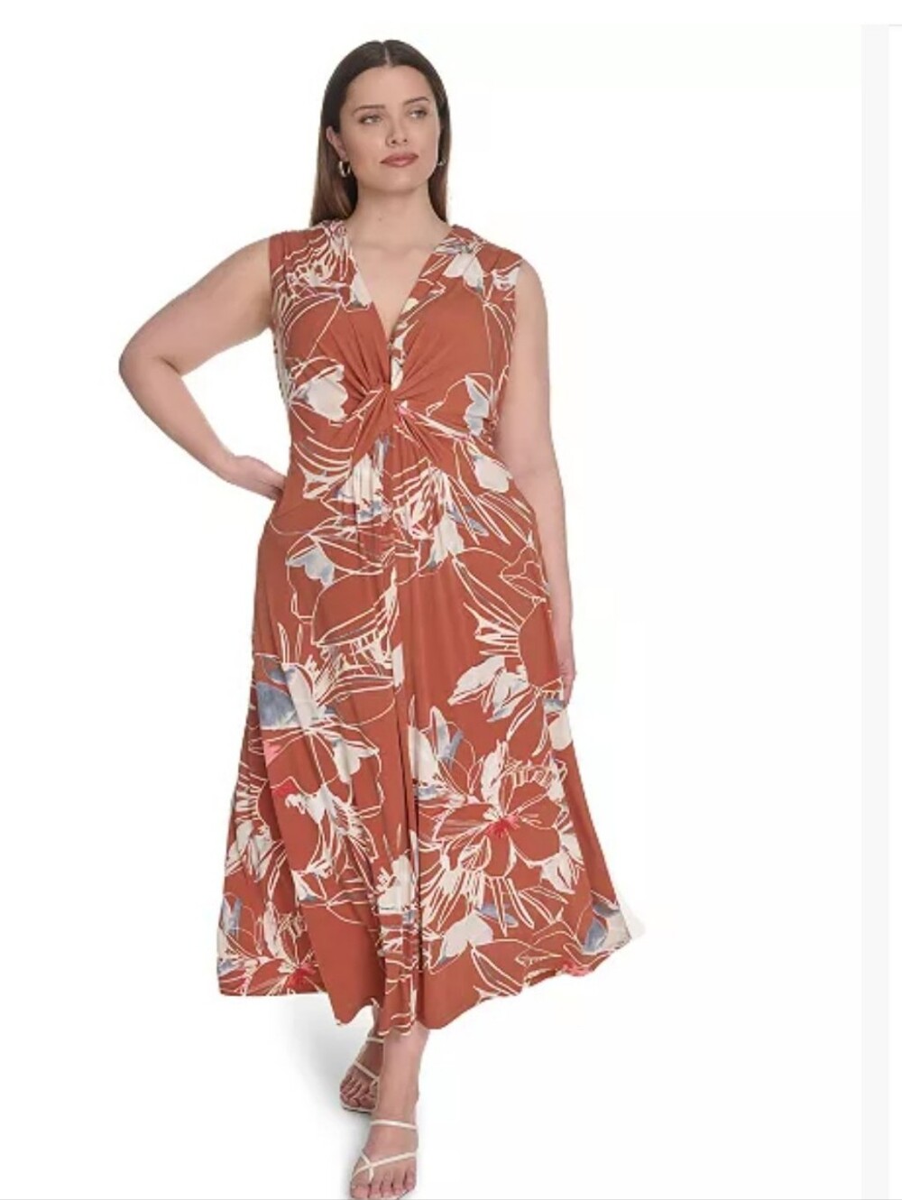 Calvin Klein Maxi Dress Women Sz 16 Orange Floral Sleeveless Twist Front V-Neck